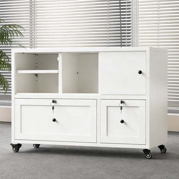 CQSXDA Classic 28-Inch White Metal File Cabinet 3-Drawer with 2 Locking Drawers - Rolling Lateral Storage for Legal and Letter Files