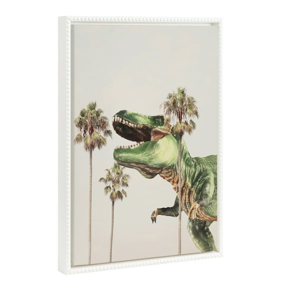 Kate and Laurel Sylvie Beaded Dinosaur Vintage Framed Canvas Wall Art by July Art Prints, 18x24 White, Beach Palm Tree Dinosaur Wall Decor