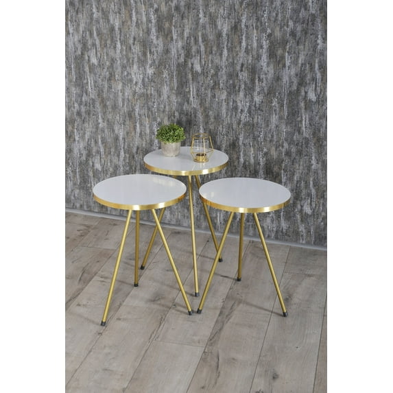 White Nesting Coffee Tables 3 PCS,Round Side Table With Gold Metal Legs with Gold Side Details,Set of 3 Small Accent Table, Nightstand Modern End Table for Living Room Bedroom,Nesting Tables