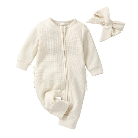 

EUMODR Baby Girl Clothes Newborn Baby Girl Auntie Outfits Toddler Children Kids Baby Girls Solid Long Sleeve Patchwork Romper Jumpsuit With Headbands Outfit Set Clothes 2Pcs