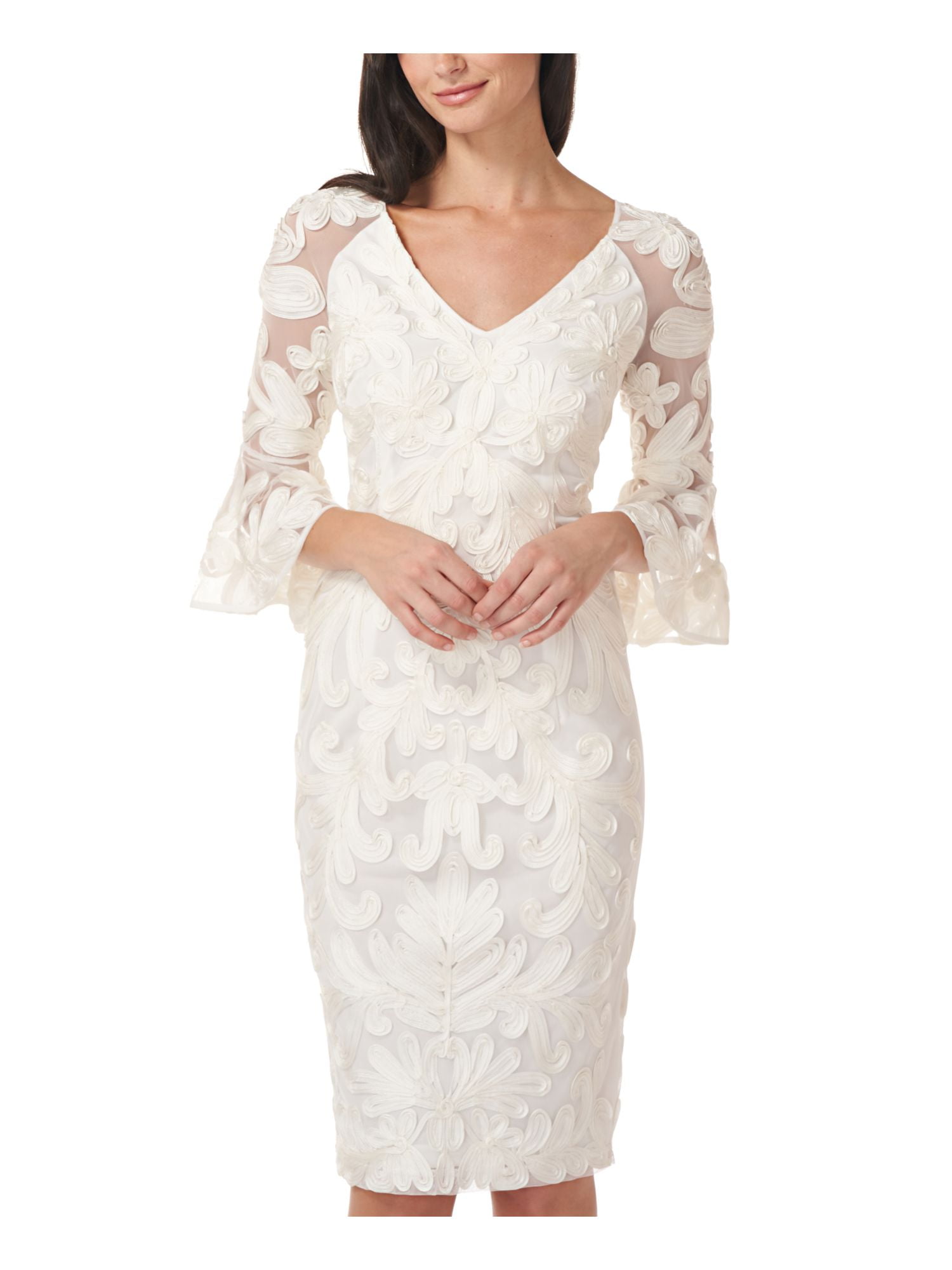 JS COLLECTION Womens White Textured Zippered Lined Floral Bell Sleeve V