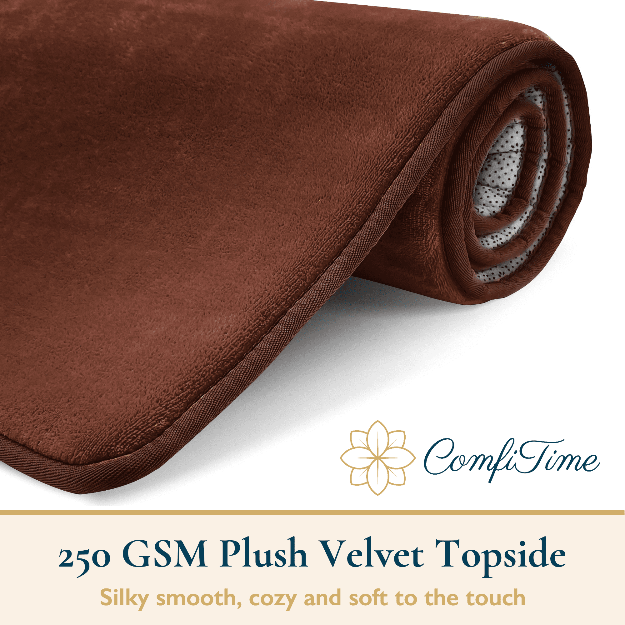 ComfiTime Bathroom Contour Rugs – 1 inch Thick Memory Foam, 20" x 23" Bath Mat for Toliet, Soft Plush Velvet Top, Non-Slip,Ultra Absorbent, Small, Large & Long Rugs for Bathroom Floor, Brown