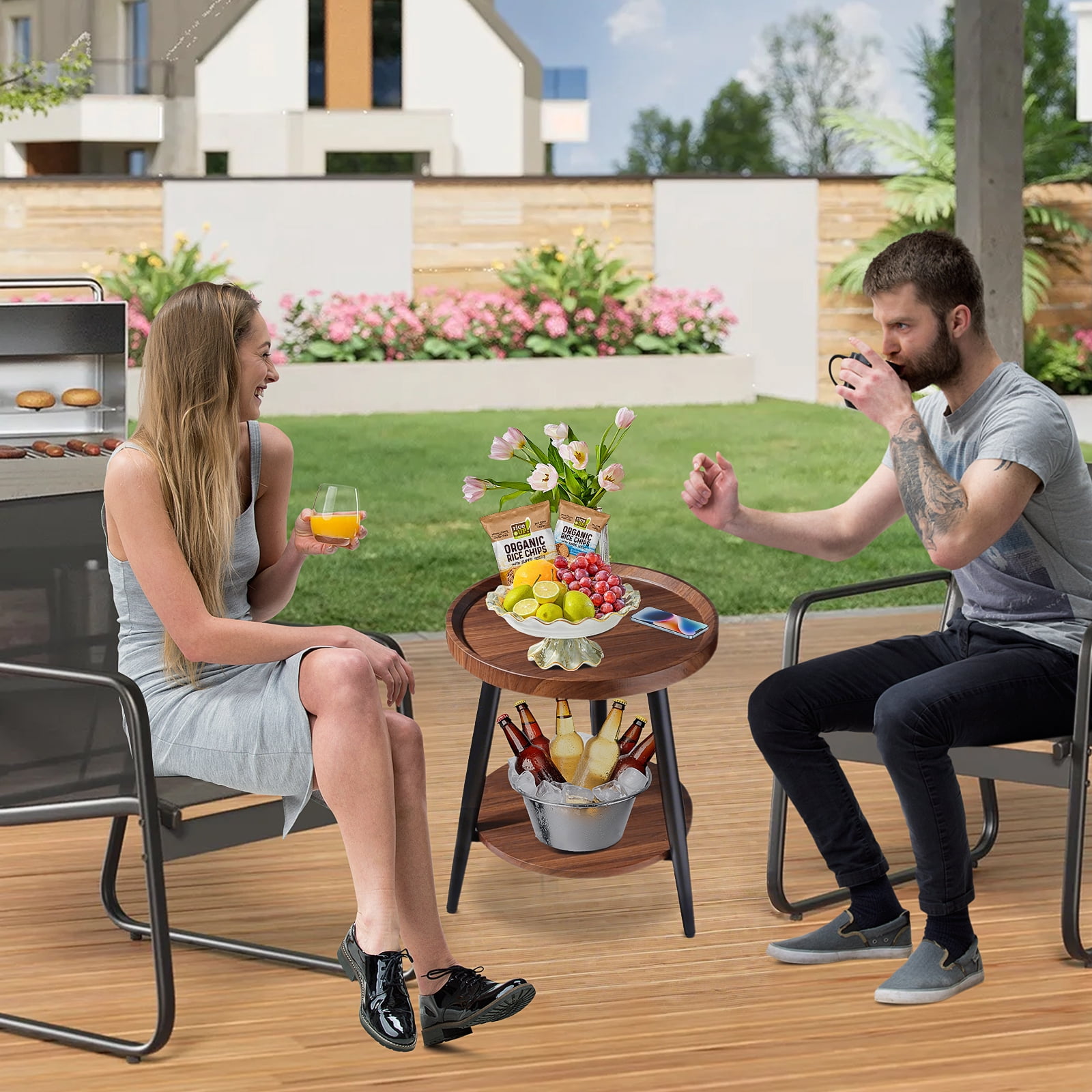 HDUTNGISN 2-Tier Round Brown Wood Side Table with Metal Frames,Small End Table for Living Room