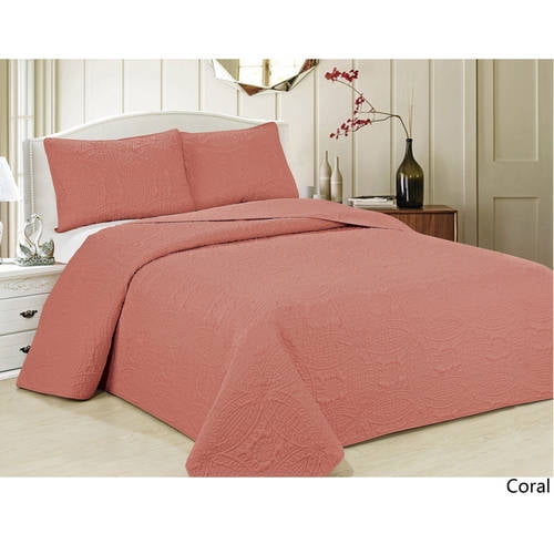 Oversized 3Piece Bedspread Set with Geometric PatternCoral ColorKing