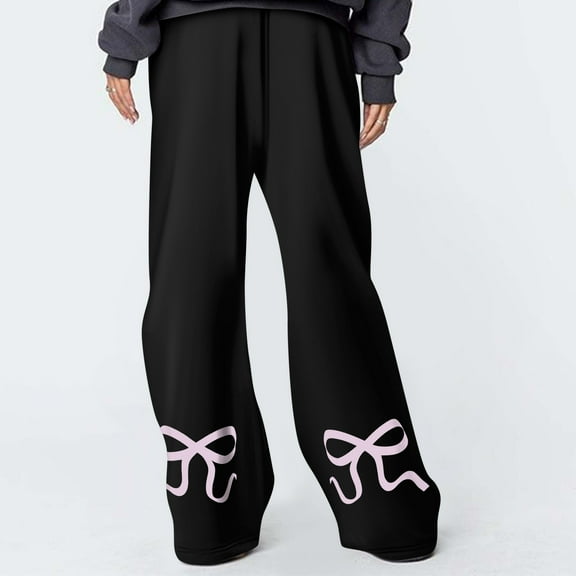 EANJE Womens Cute Bow Sweatpants Elastic High Waist Baggy Straight Leg Graphic Lounge Pants with Pockets Black L