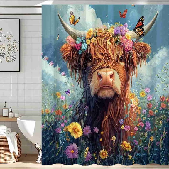 70x70 inch Cute Highland Cow with Floral Crown and Meadow Butterflies Shower Curtain, Waterproof Polyester Fabric with Hooks for Bathroom Decor