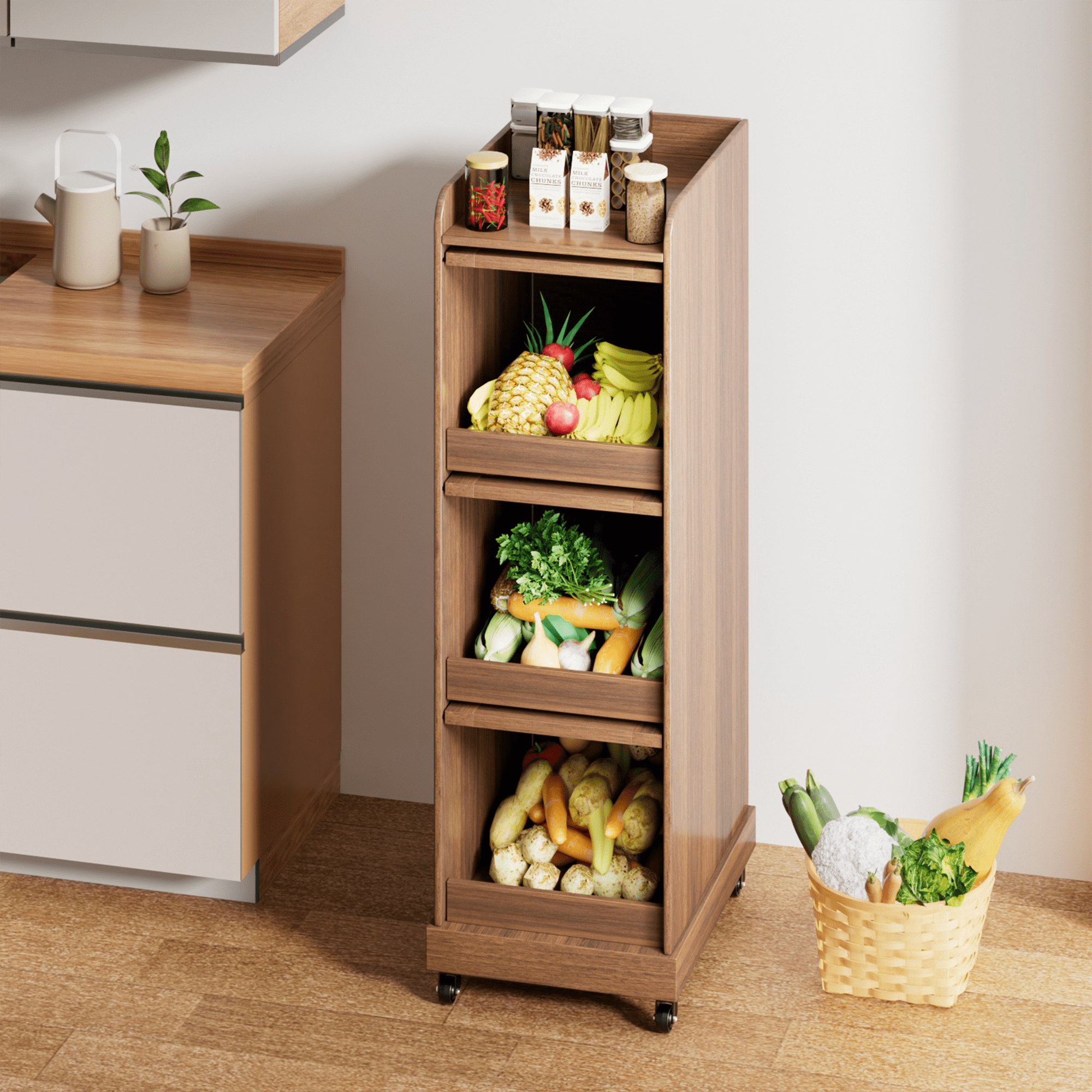 Food Small Kitchen Pantry Cabinet Wood Potato Storage Bins Farmhouse modern Fruit and Vegetable Box with Wheels for Kitchen Dining Room Living Room