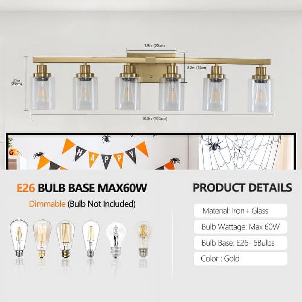 Hi-LIGHTS,Golden 6-Light Vanity Light with Clear Glass Shades(Bulbs Not Included),Bathroom Wall Fixture for Bathroom,Dressing room,Living Room,Bedroom(Golden)