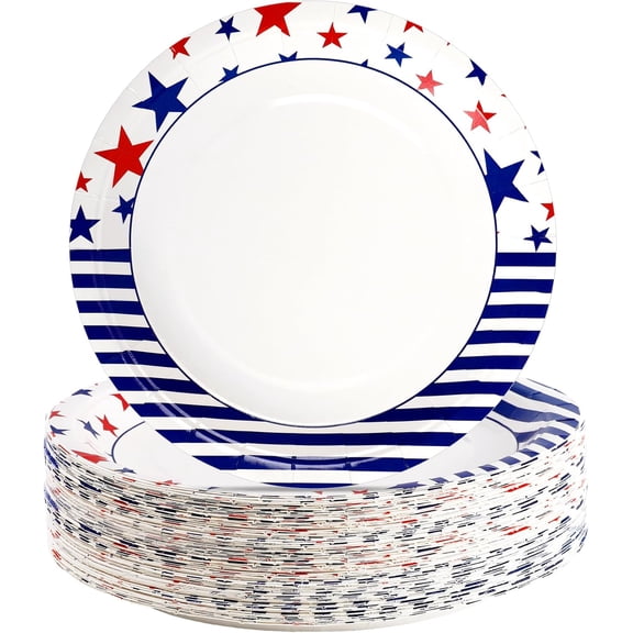 Patriotic Paper Plates, 50 Count 9 Inch Round Disposable Dessert Plates, Red Blue White Party Tableware for 4th Of July, Independence Day, Memorial Day
