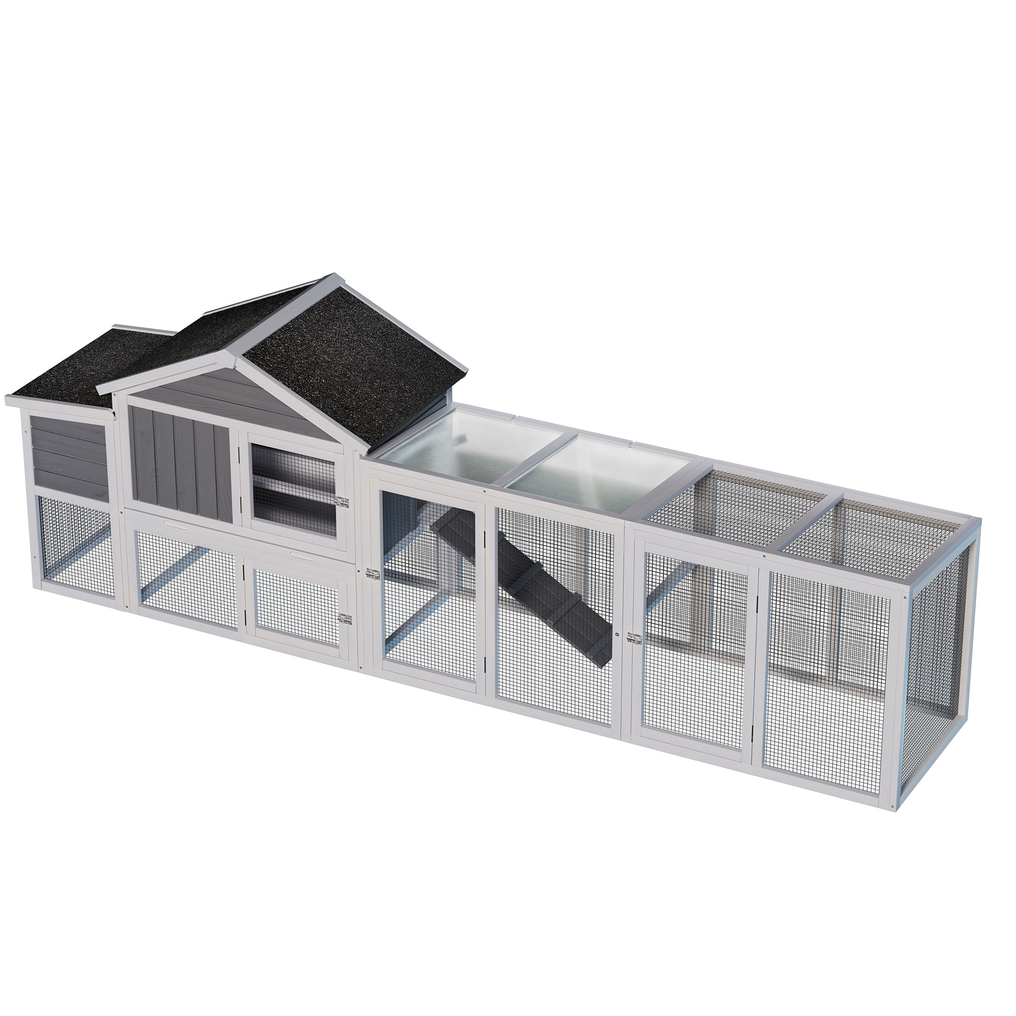 Chicken Coop, Outdoor Hen House, Large Wooden Chicken Run with Waterproof Asphalt Roof, UV-Resistant Panels, Nesting Box and Sliding Door, Removable Tray for Backyard Chickens, Gray 111.5 Inch