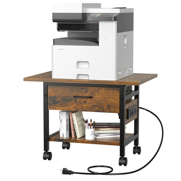 2-Tier Printer Stand With solid wood drawer, Under Desk Rolling Printer Stand with Charging Station, Printer Cart Holder with Lockable Wheels,Shelf for Small Spaces, Home Office, Rustic Brown