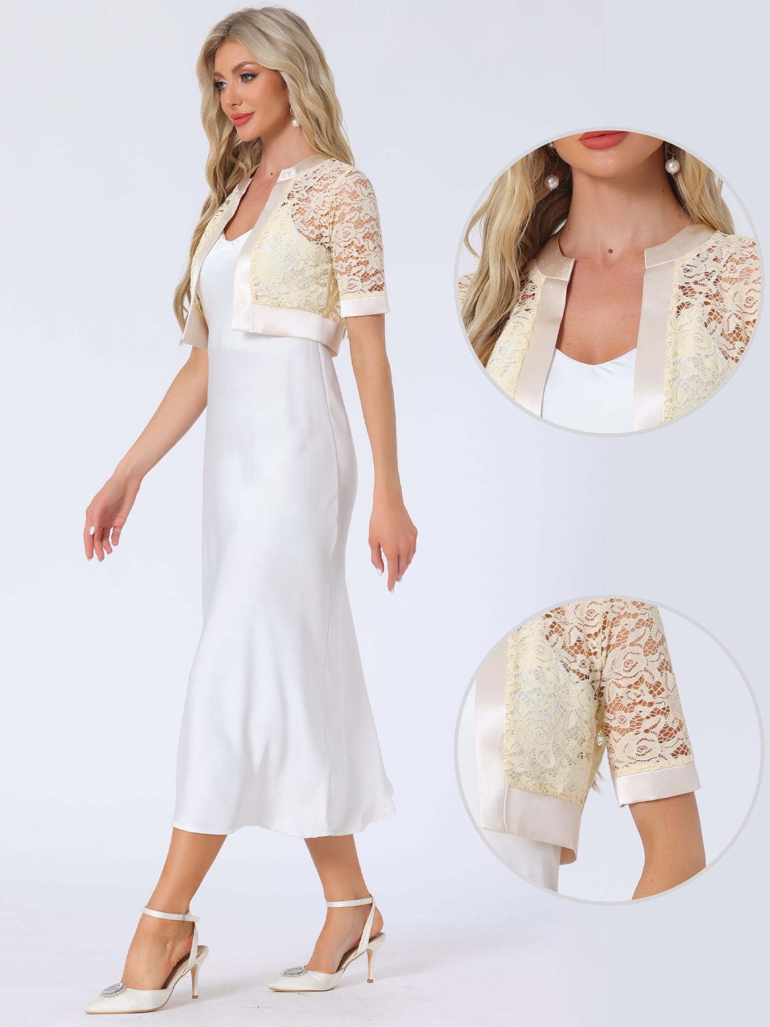 DARING DIVA Women's Lace Shrug Bolero Satin Panel Crop Cardigans L Beige