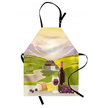 Winery Apron Wine Cheese Bread with Mountain Landscape in French Rurals Pastoral Scenery, Unisex Kitchen Bib Apron with Adjustable Neck for Cooking Baking Gardening, Green Purple Cream, by