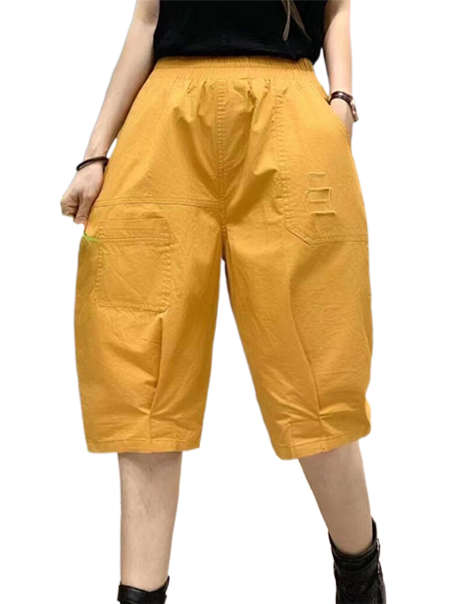 Grianlook High Waist Loose Fit Shorts For Women Plus Size Cargo Pants Shorts Solid Linen Casual