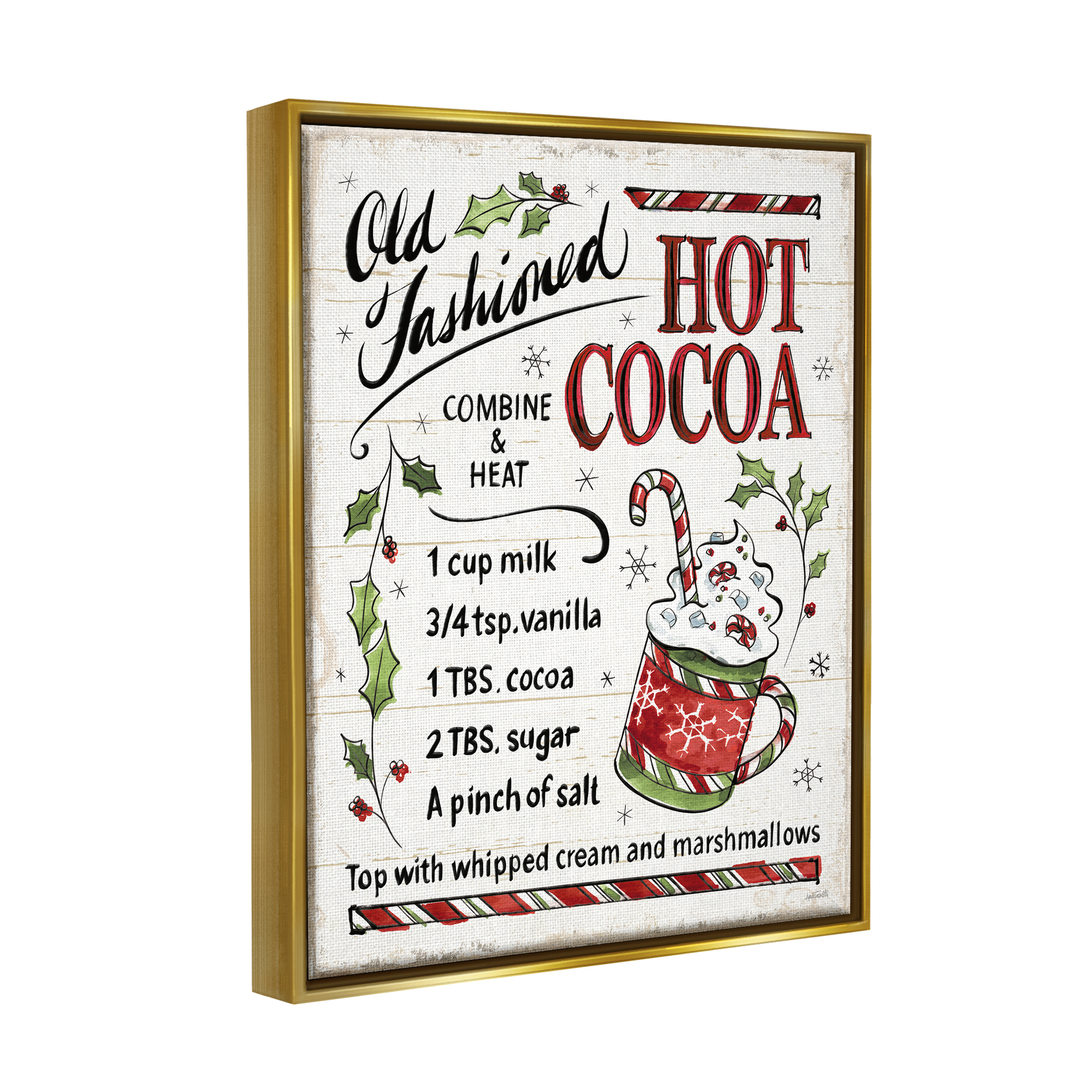 Stupell Industries Old Fashioned Hot Cocoa Holiday Cooking Instructions Metallic Gold Framed Floating Canvas Wall Art, 24x30, by Anne Tavoletti