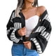 thumbnail image 1 of Suéter de mujer Mangas de linterna Cuello en V Costuras Bloque de color Suéter de ajuste casual para invierno Negro S, 1 of 8