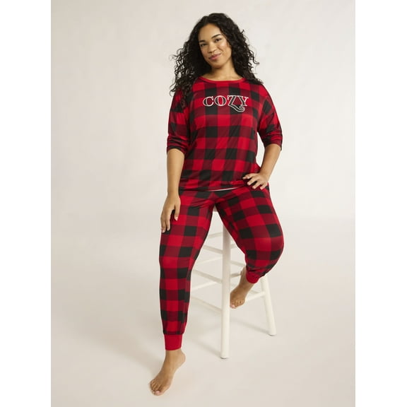 Joyspun Women’s Long Sleeve Tee and Jogger Pants Pajama Set, 2-Piece, Sizes S-3X