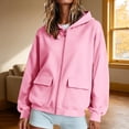 thumbnail image 2 of felwors Women's Long Sleeve Zip-Up Fleece Hoodie with Flap Pockets Oversized Utility Sweatshirt for Fall Casual Streetwear Pink for Size M, 2 of 4