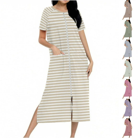 Miluxas Zip up Robe for Women Long Housecoat Knit Bathrobes Stripe Print Cozy Full Length Nightgown with Pockets Red XL(XL)