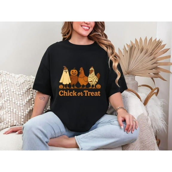 Chick Or Treat Retro Style Funny Halloween Chicken Humor Graphic Unisex T-Shirt, for men & women, up to size 5XL.