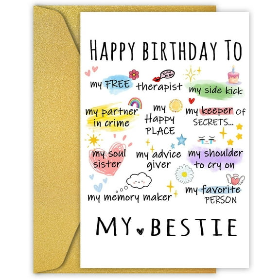 Happy Birthday Card for Best Friend – “My Bestie” Design with Heartfelt Messages – Envelope Included, Blank Inside – Perfect Gift for Best Friends, Soul Sisters, and Close Companions