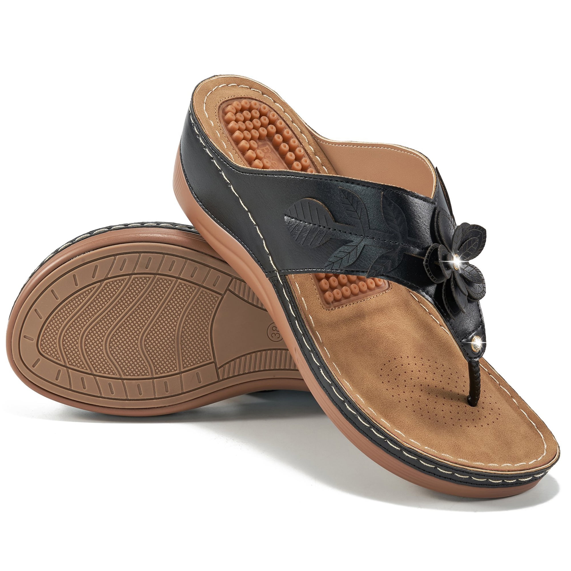 Aomigoct Women's Summer Flipflop Sandal with Massage Arch Support Comfortable Flower Wedge