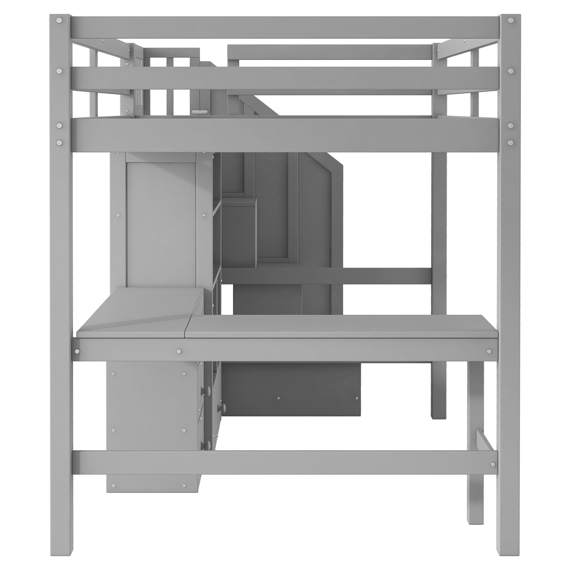 Euroco Full Size Pine Wood Loft Bed with Desk and Cabinets for Kids Teens Room, Storage Staircase Shelf, Gray
