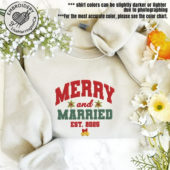 EMBROIDERED Merry and Married Sweatshirt, Christmas Newlywed Matching Couple Sweaters, Christmas Wedding Sweater, Christmas Couple Shirts