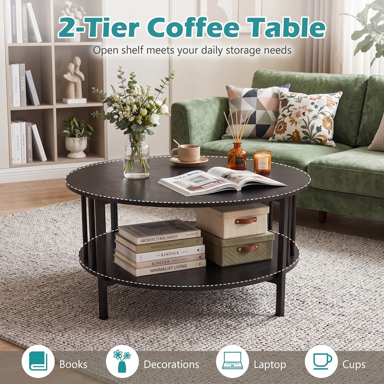 Furnibear 2-Tier Round Coffee Table with Storage Shelf, Engineered Wood Center Table with Metal Cross Frame and Picket Accents for Living Room, Black Walnut / Black