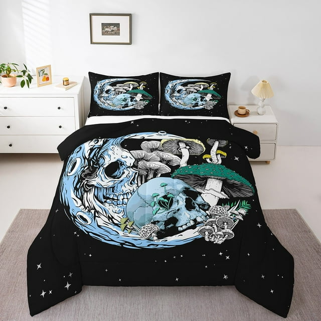 Erosebridal Gothic Skull Comforter Sets Queen Size,Abstract Mushroom Bedding Queen Comforter Set,Exotic Style Bedding Sets Queen with Comforter,Halloween Bedroom Decorative,Reversible,3 Pieces