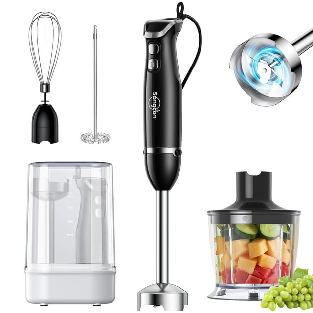 Sangcon Batidora de inmersión 6 en 1 de mano, batidora de mano con picadora y base de almacenamiento de taza de mezcla de 34 oz, batidora de varilla ajustable de 2 velocidades, cuchillas de acero inox