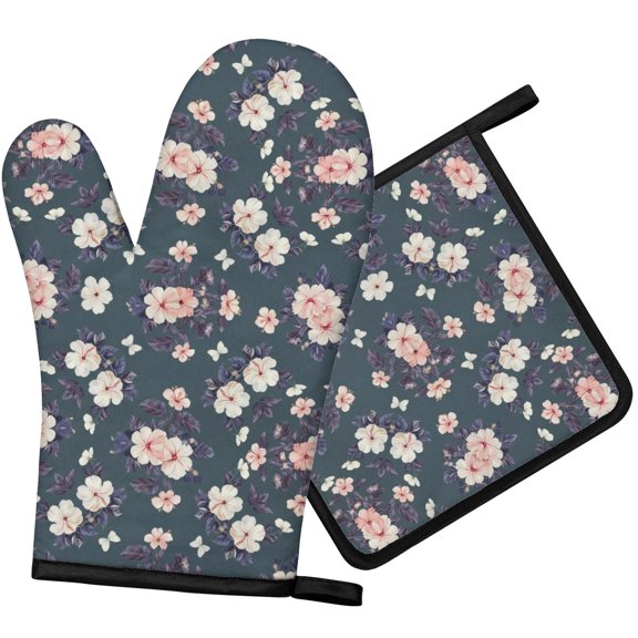 Pioneer Flower Floral Print Pattern 1-Pack Oven Mitts Set, Heat Resistant Kitchen Gloves, 7.7" X 12"