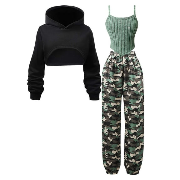 WOYY Big Girls Outfits Knit Camisole Cropped Hoodie Camo Pants 3Pcs Set, Sizes 9-10