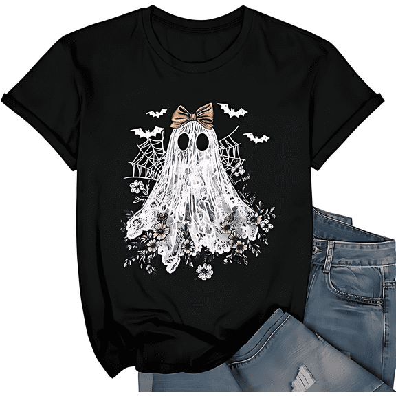 Ghost Print Halloween Shirt Short Sleeve Shirts for Women Black One-Piece