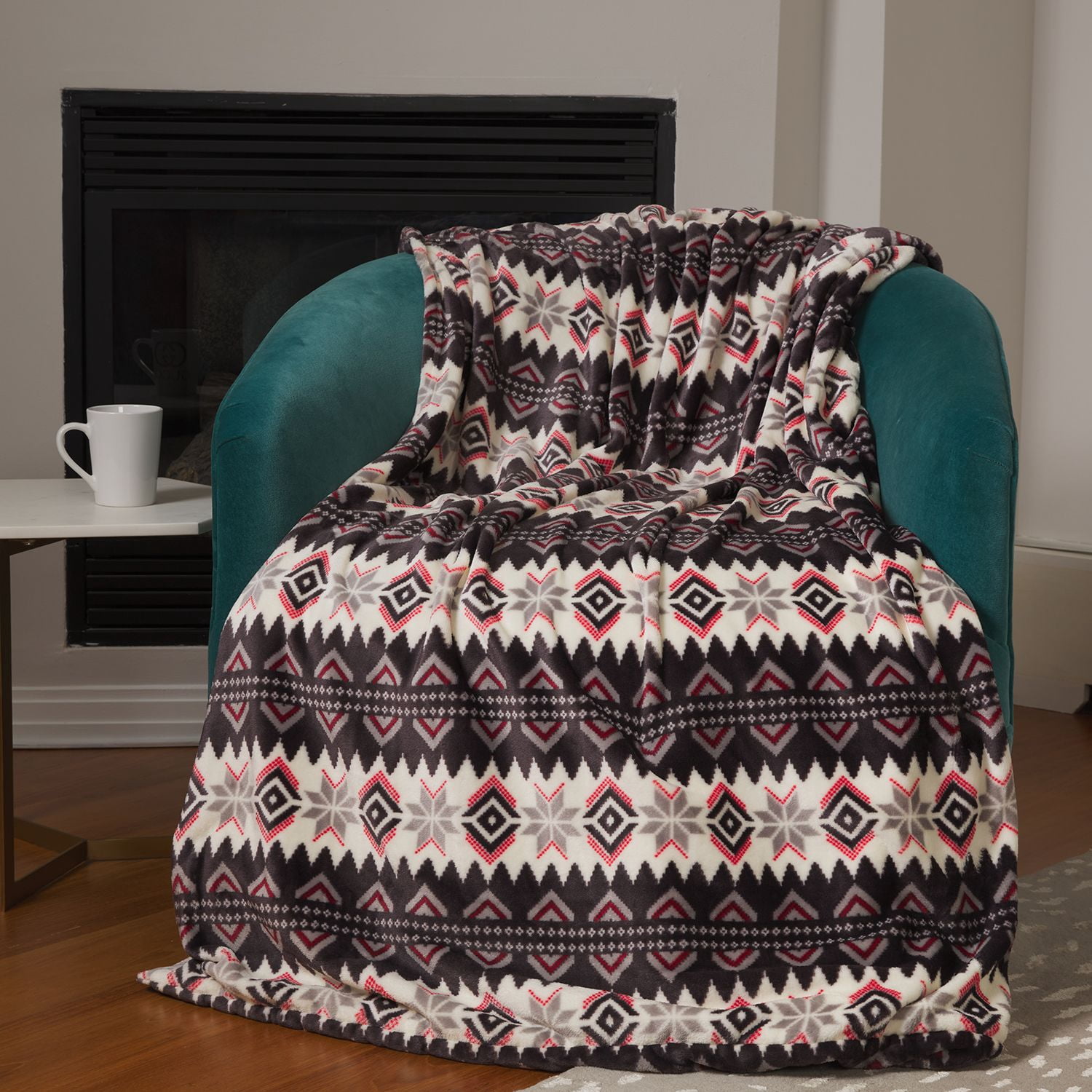ClimateRight by Cuddl Duds Oversized Throw With A Cozy Sherpa Pocket For Your Feet, Gray Red Fair Isle