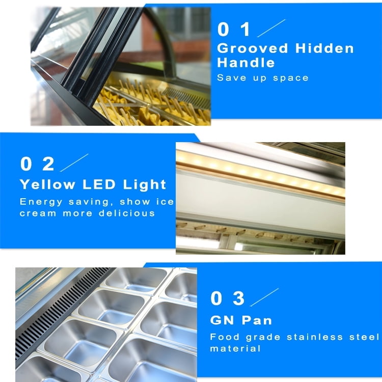 Kolice Commercial 14 Pans Hard Ice Cream Showcase Freezer, Gelato Display Freezer, Ice Cream Dipping Cabinet - Auto Defrost, Anti-fog Glass