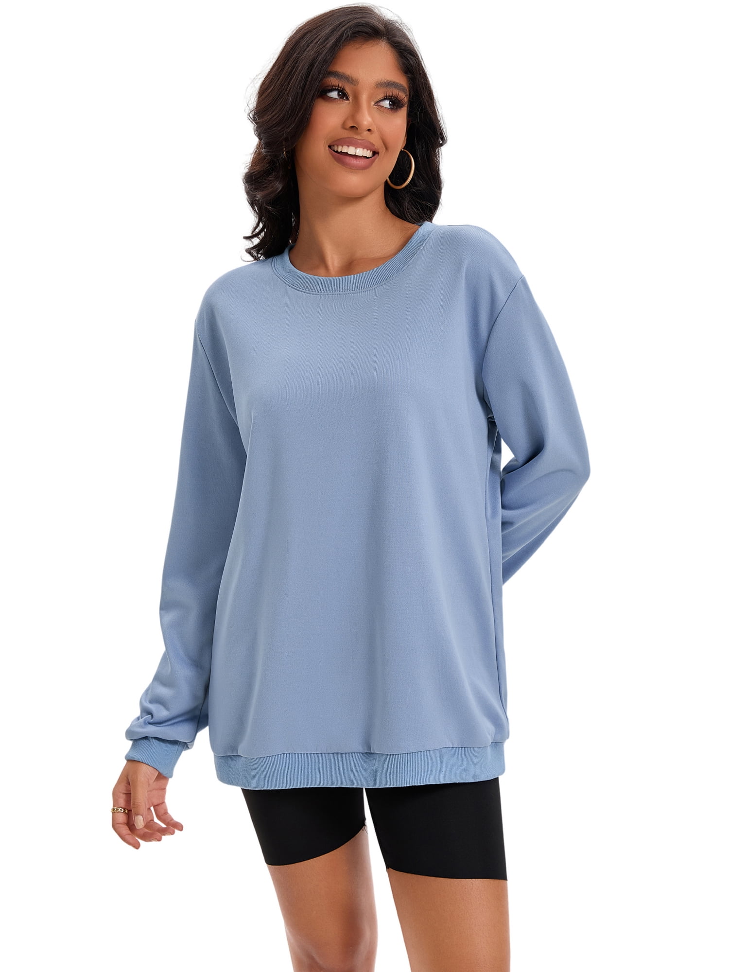 Unique Bargains Womens Sweatshirt Crew Neck Long Sleeve Pullover Shirts L Gray Blue