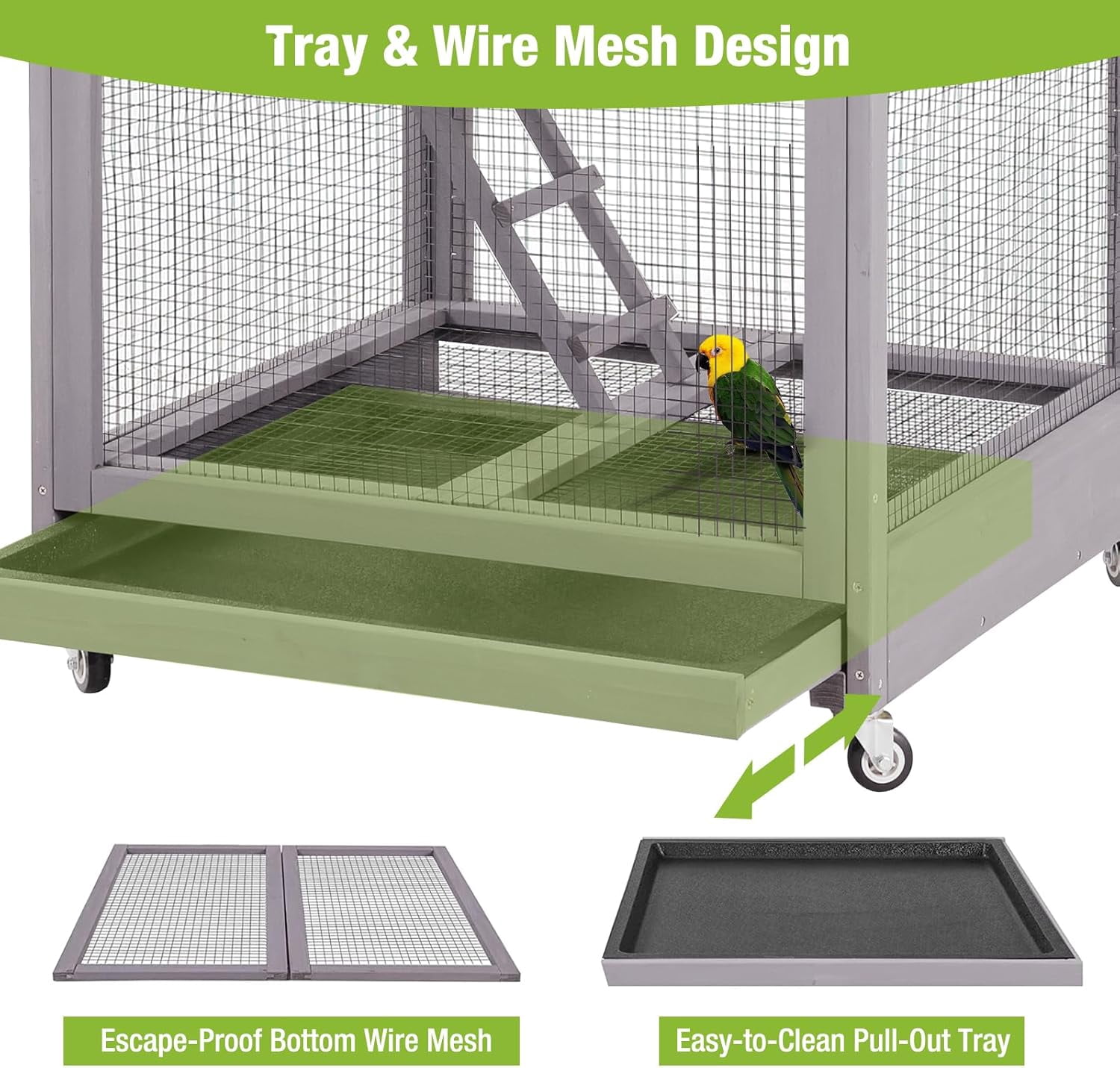 Aivituvin Large Bird Cage Outdoor Wooden Aviary Indoor on Wheels, with Play Stand, Perches, Nest Habitat & Wire Mesh Tray for Easy Cleaning