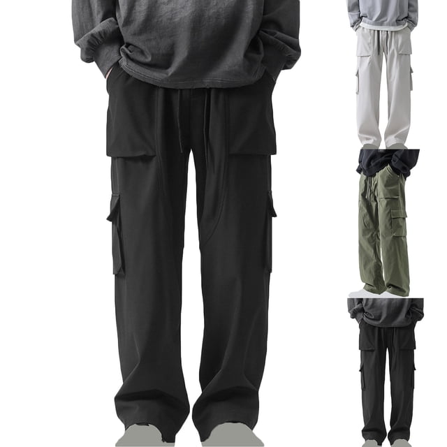 Styesk Men's Pants Men's Elastic Waist Tied Rope Multi Pocket Workwear Straight Tube Mid Waist Pants