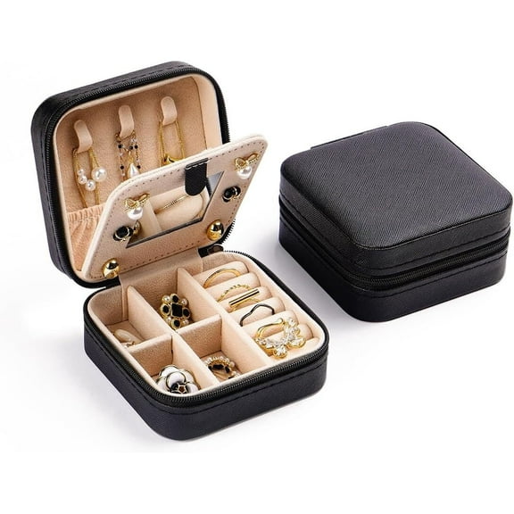 SILOON Travel Jewelry Case, Small Jewelry Box with Mirror Design Portable Jewelry Travel Organizer Display Storage Case for Rings Earring Necklace Bracelet, Gift for Women, Black