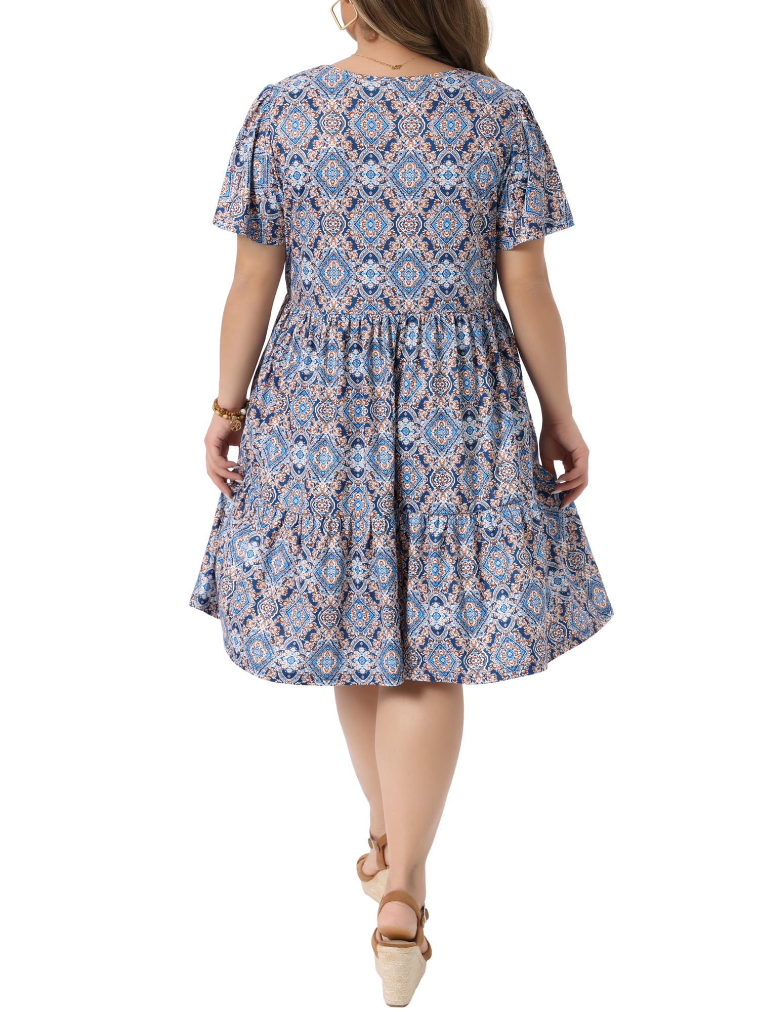 DARING DIVA Women's Plus V Neck Short Flutter Sleeve Midi Sun Dress 1X Blue