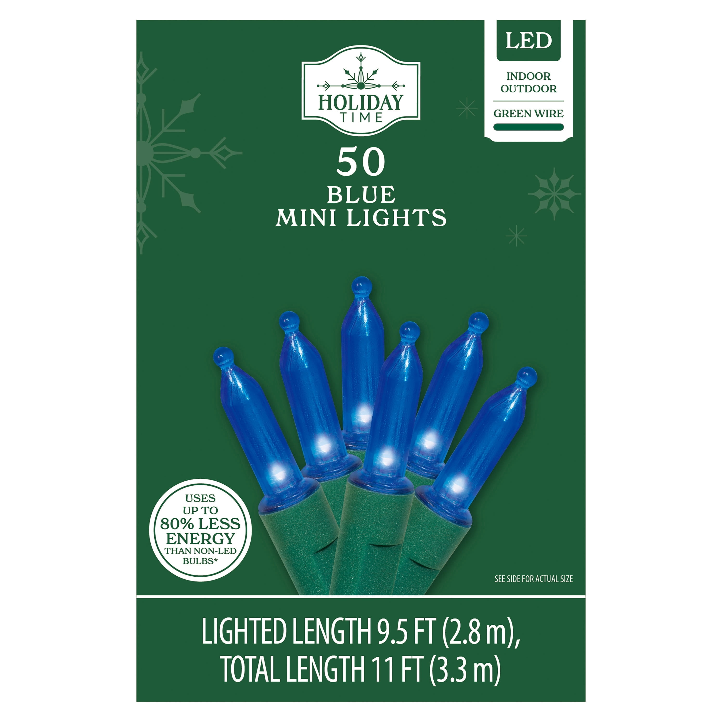 Indoor/Outdoor 50-Count LED Mini Christmas String Lights, Blue, Green Wire, 9.5', by Holiday Time