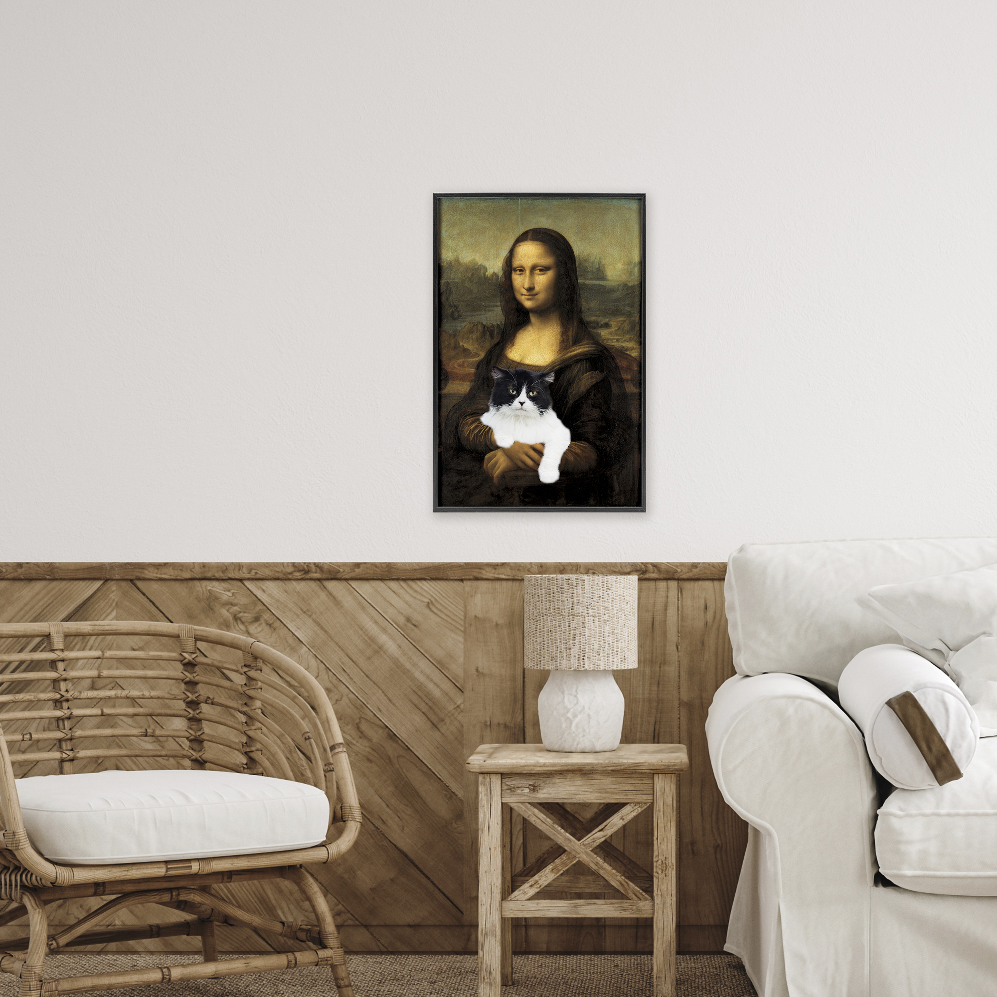 Mona Lisa Cat Lady Black Framed Giclee Art, design by Masters Redux