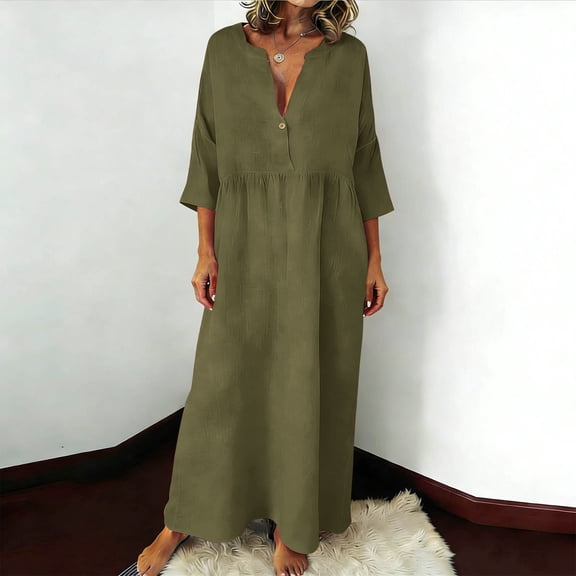 Maqroz Cotton Dresses for Women Casual Summer 3/4 Pleated Sleeve Button Down Flowy Plus Size Maxi Dresses Loose Fit V Neck Shift Dress Plus Size Vestidos Elegantes De Mujer Army Green L