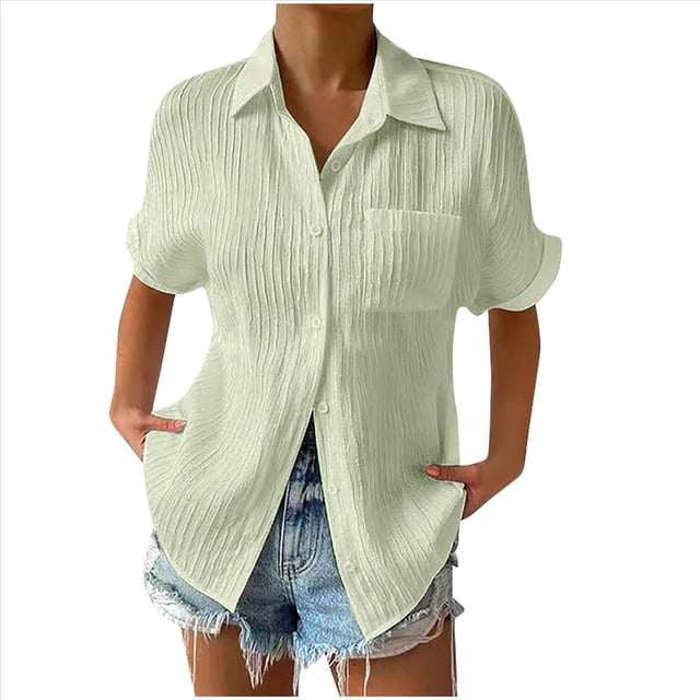 Camisa Estilo Boyfriend A Rayas Fruncidas para Mujer, Blusa Informal con Cuello Corto, Mangas y Botones, con Bolsillo, Verde , Talla 4XL