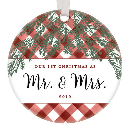 First Christmas Married 2019 Ornament Newlywed Gift 1st Year Mr & Mrs Anniversary Present Couple Husband Wife Bridal Shower Idea Rustic Red Gingham Farmhouse Tree Decoration 3” Ceramic