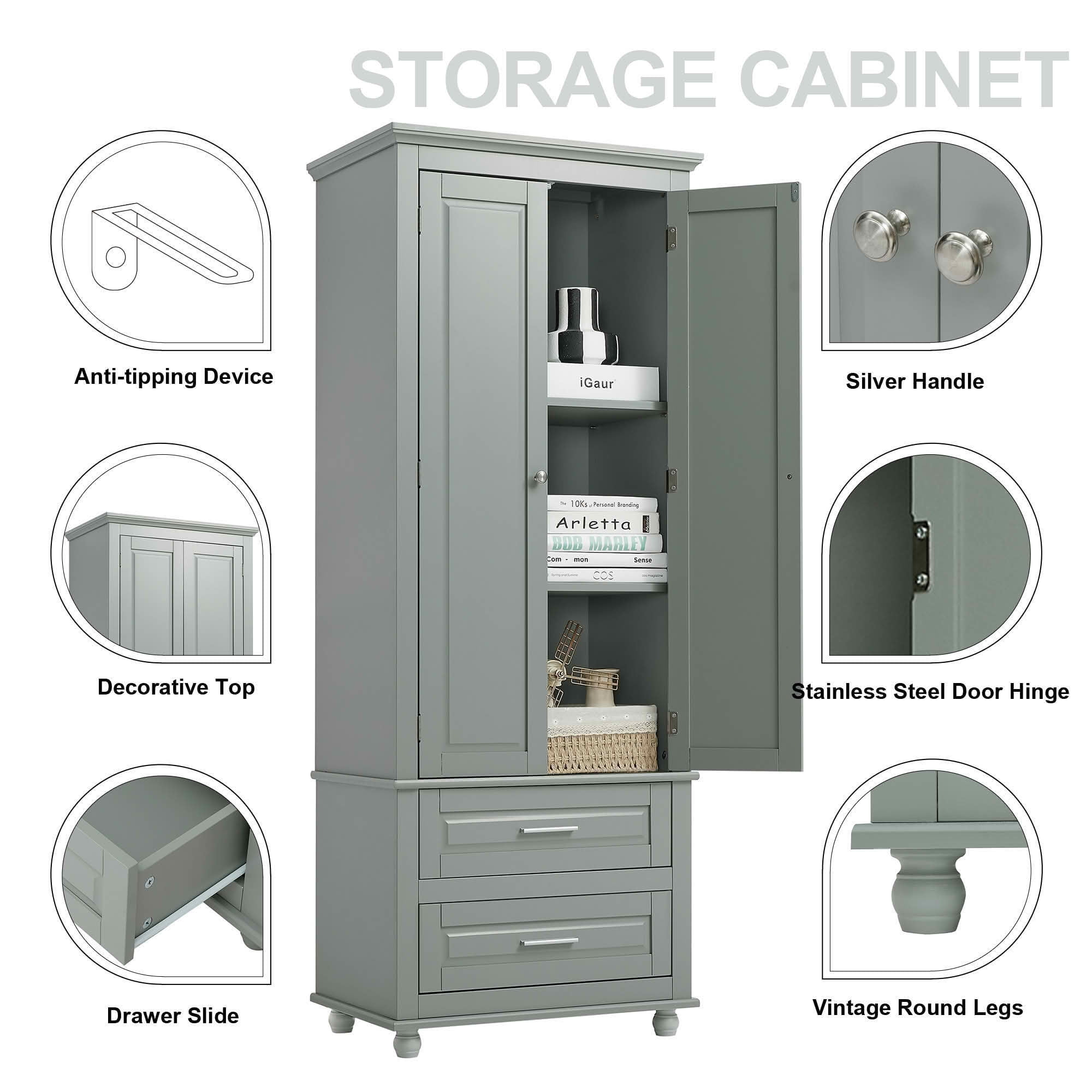 MAYEERTY Tall Storage Cabinet with 2 Drawers, Bathroom Office Use, Grey
