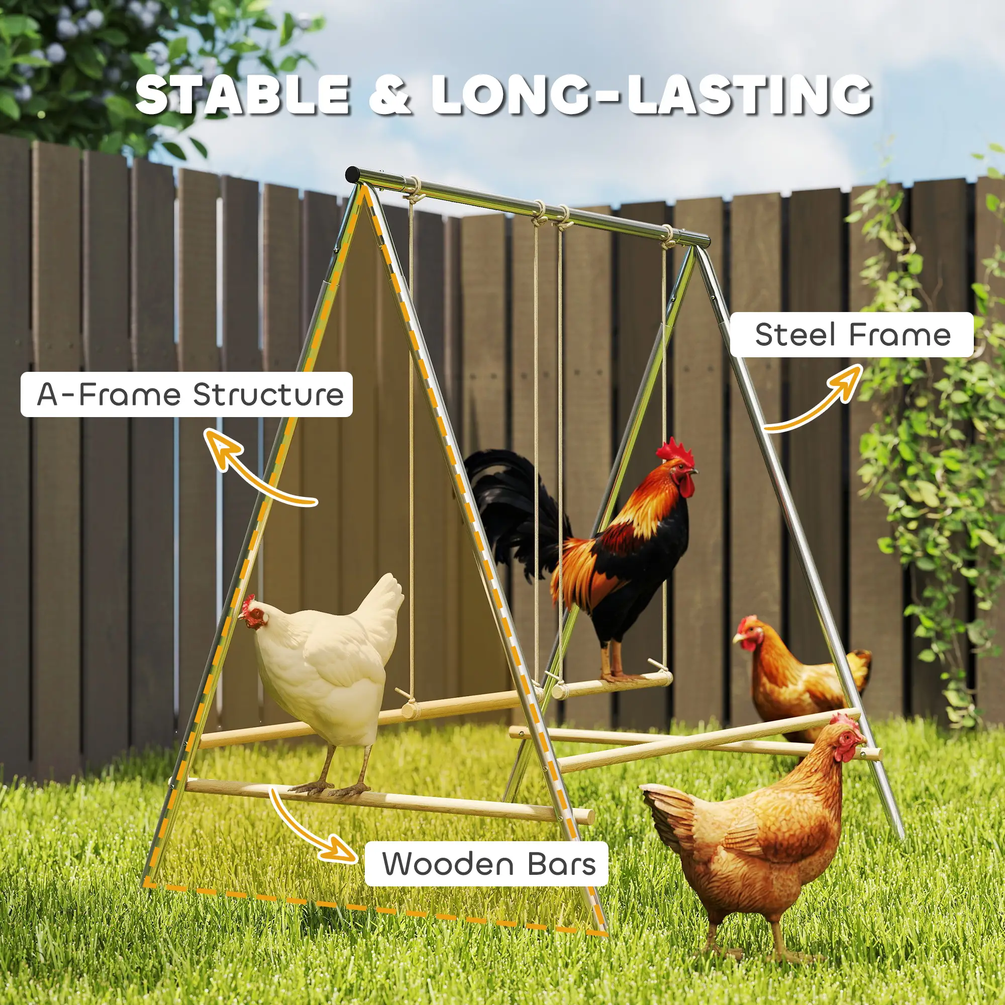 Freestanding Chicken Playground with 2 Adjustable Swings 4 Pine Wood Perches, Rust Proof Galvanized Steel Frame, Chicken Toy for 4-6 Chickens Yard Coop Run