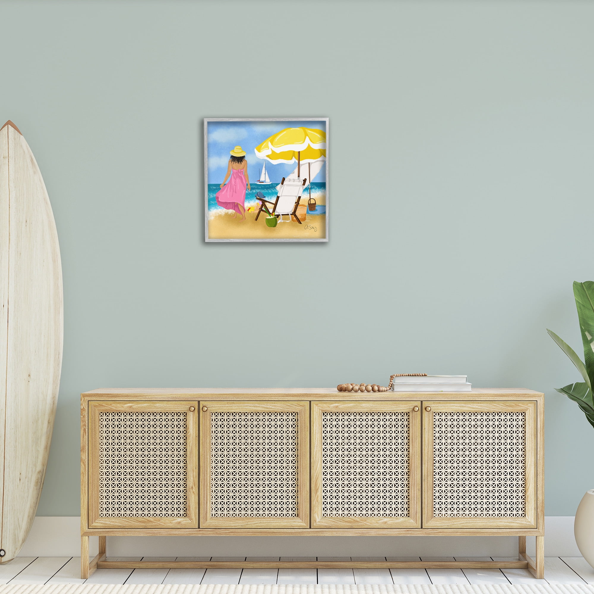 Stupell Industries Woman Strolling Beach Landscape Painting Gray Framed Art Print Wall Art, 24 x 24