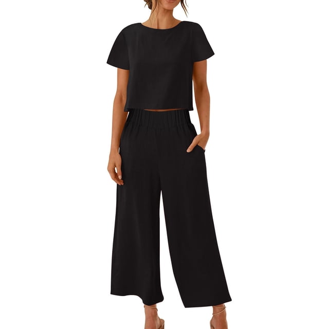 zanvin Ensembles 2 Pcs pour Femmes, Ensembles Assortis d'Été 2 Pcs pour Détente pour Femmes, Tenues Unies en Lin, Hauts à Col Rond à Manches Courtes et Pantalons Longs, Survêtements